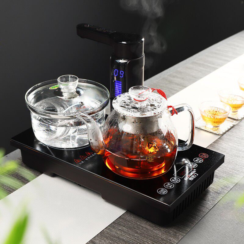 嵌入式电陶炉双炉自动旋转上水抽水玻璃蒸煮茶壶茶盘台桌加热茶炉