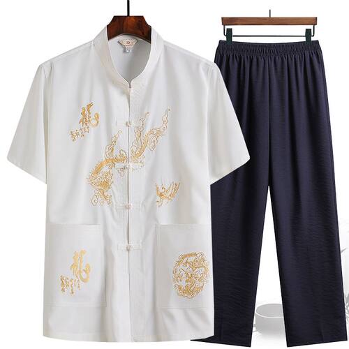 中老年人夏季套装唐装男复古短袖衬衫爸爸太极晨练服爷爷休闲汉服