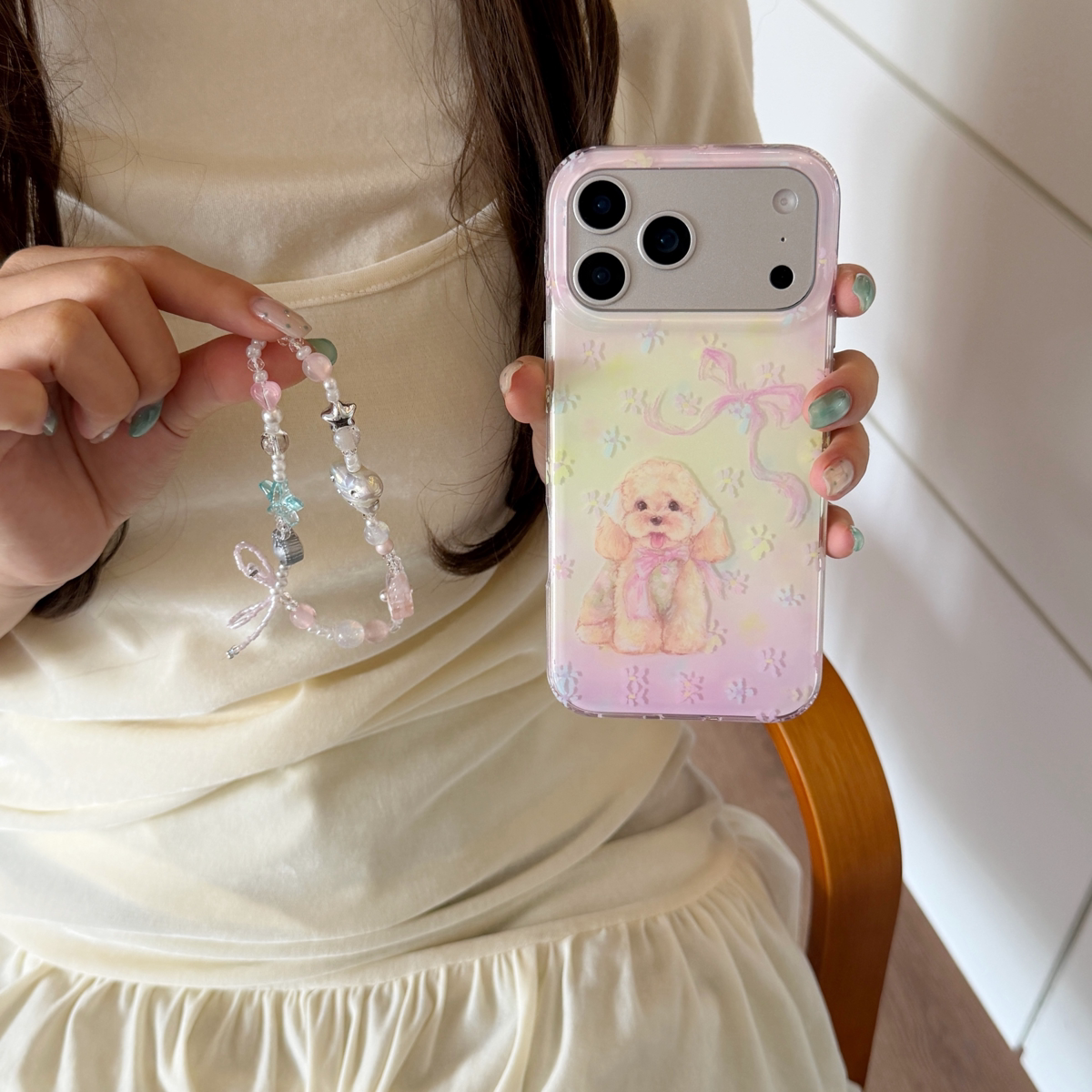 可爱渐变粉黄碎花蝴蝶结泰迪小狗狗适用iPhone17promax苹果16手机壳15双层半包保护套卡通少女心新款