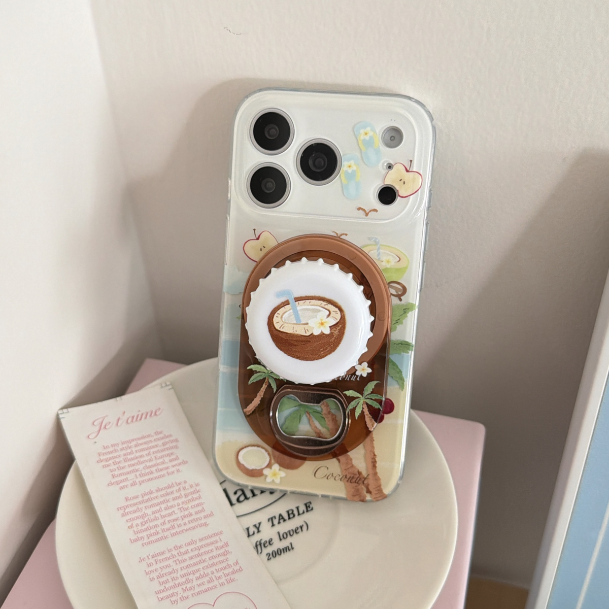 磁吸壳夏日度假椰树+椰子开瓶器支架适用苹果17promax手机壳iphone16pro新款15女款14创意卡通13防摔15promax