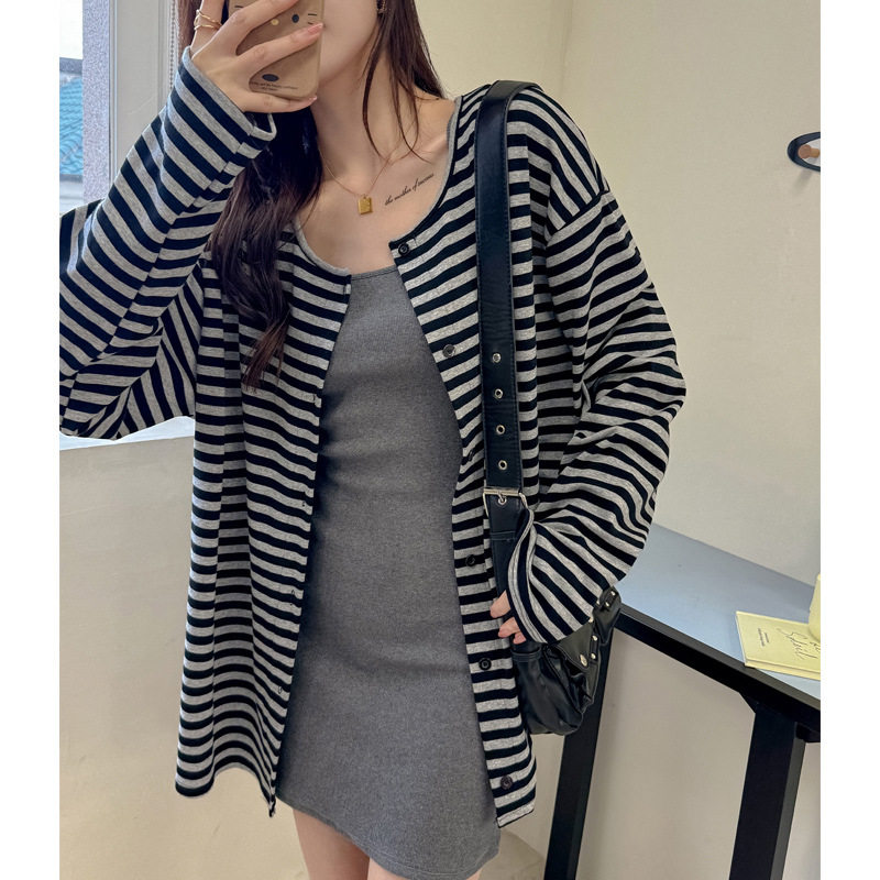 2026春夏季纯棉条纹长款宽松高级感防晒外套显瘦长袖开衫女空调衫