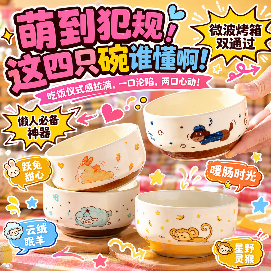 动物陶瓷米饭碗碗儿童米饭碗家用高颜值高脚甜品碗酸奶碗水果碗