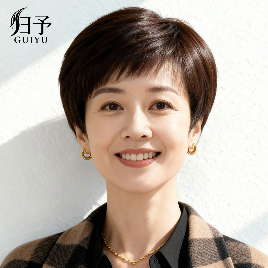 假发全头套女短直发中老年妈妈款自然真发轻薄舒爽真人发丝假发套