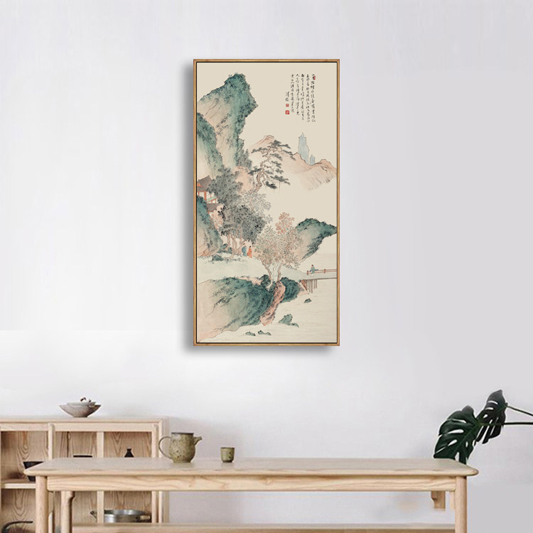 溥儒抱琴访友图新中式山水画装饰画禅意客厅玄关竖版走廊壁画挂画