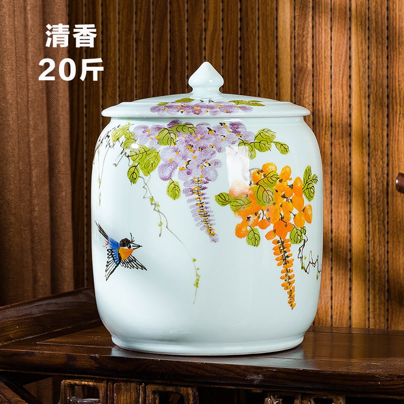 景德镇手绘陶瓷米缸油缸酒水缸20斤装带盖子家居防潮防虫储物茶叶