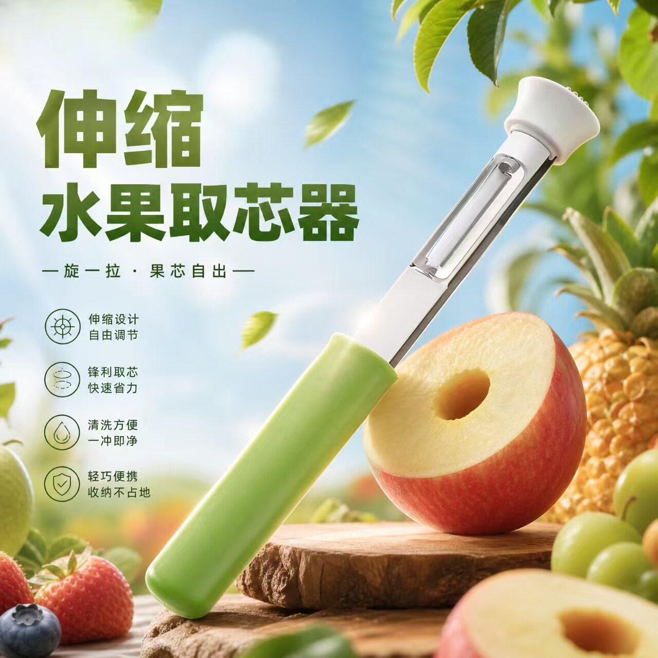 伸缩水果取芯器苹果去核器锈钢梨子果芯抽二合一缩水果削皮器