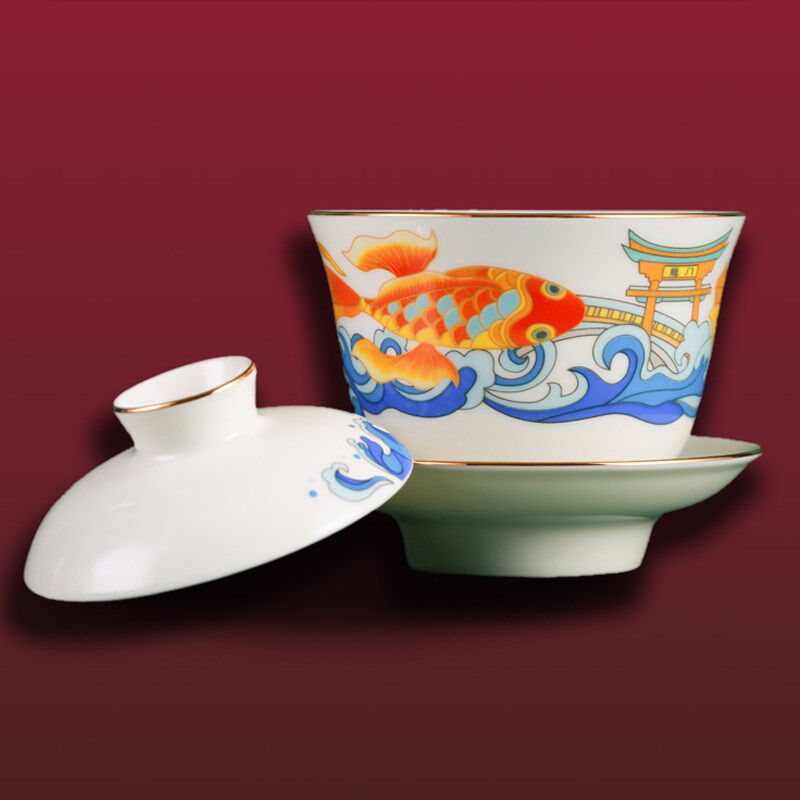 硅元陶瓷 盖碗陶瓷三才杯手工泡茶碗功夫茶套装中式 鱼跃龙门
