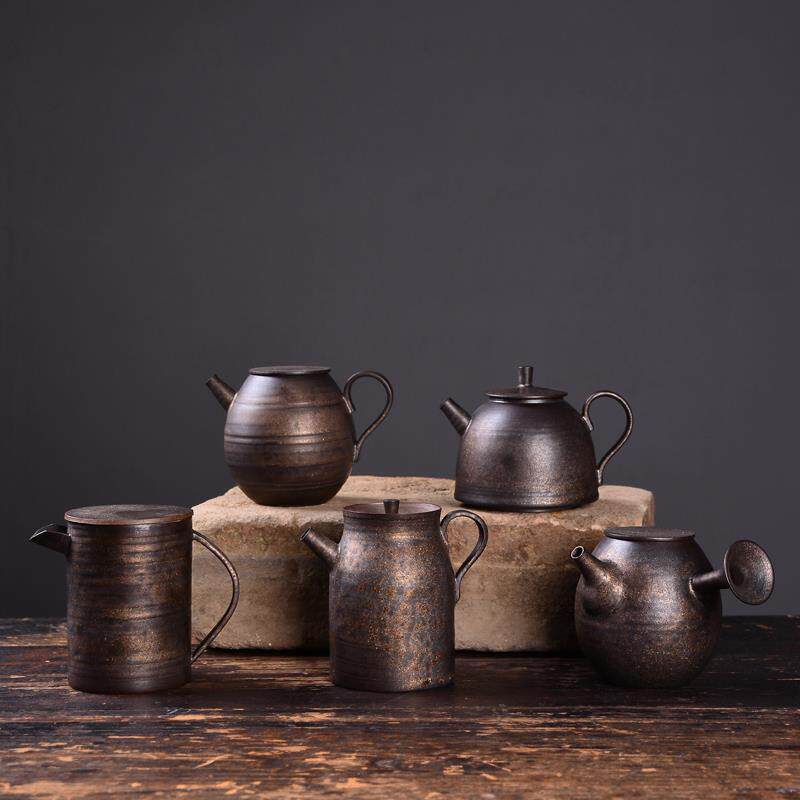 日本粗陶彷铜茶壶手工锈釉陶器覆古镀金边柄壶功夫茶具单壶