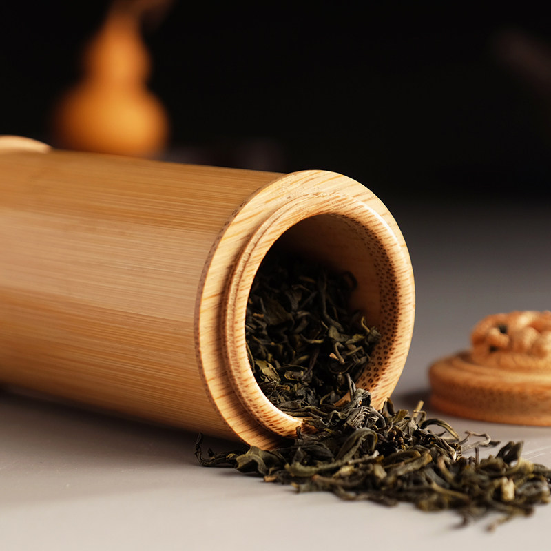 高档天然竹根雕茶叶罐手工便携旅行收藏品工艺品储V存茶叶竹筒密
