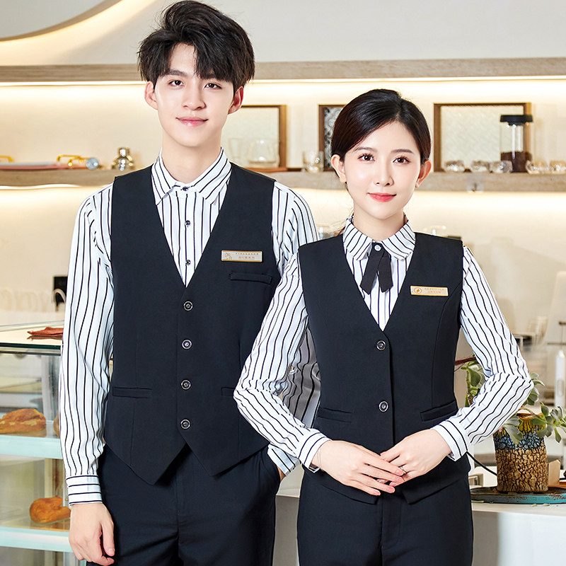 酒店餐饮服务员h工作服职业马甲套装条纹长袖衬衫女前台收银员工