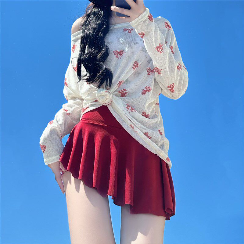 游朵甜美少女草莓l分体裙式泳衣女夏纯欲红色显白长袖显瘦度假泳