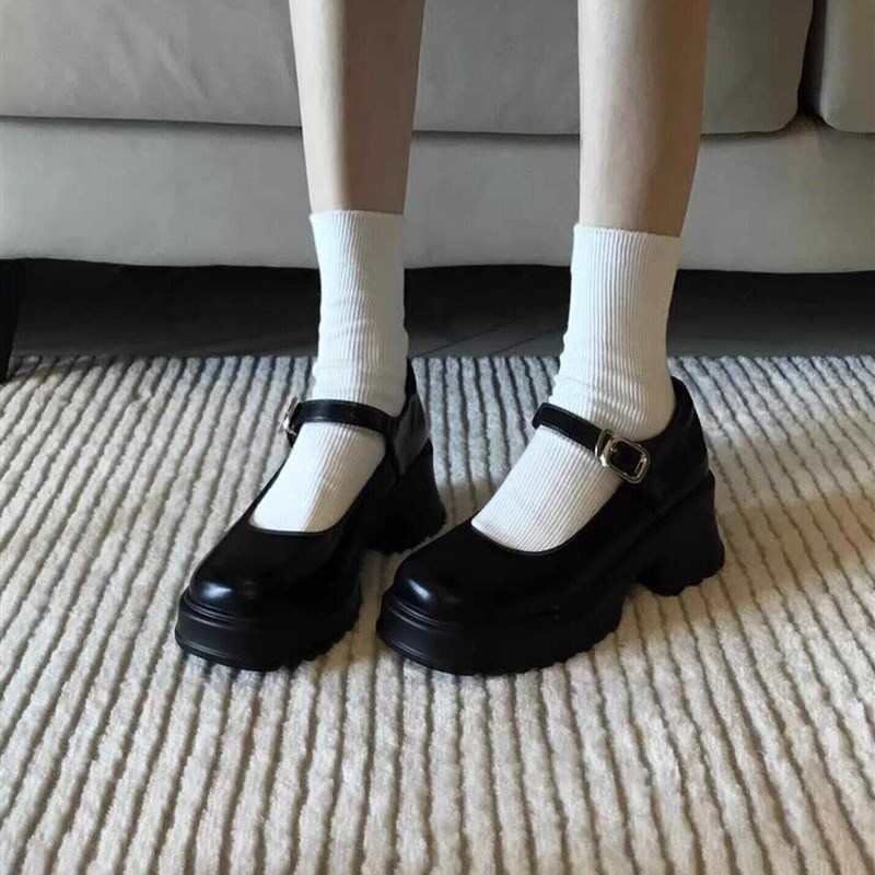黑色法式粗跟厚底小皮鞋女2025春秋季新J款日系jk增高玛丽珍单鞋