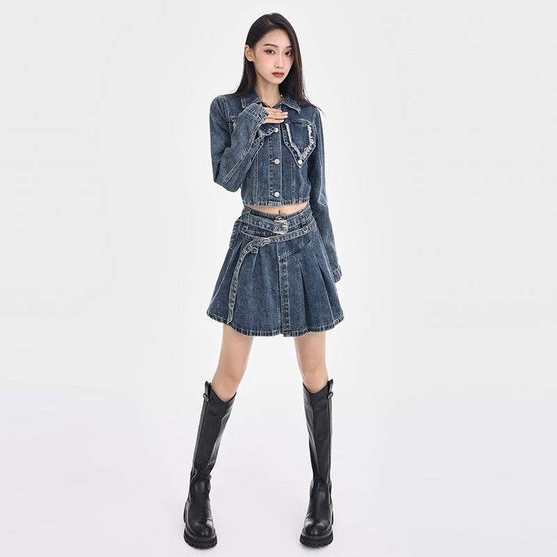 牛仔半身裙两件套装女秋季新款短款外套夹克小个子今年流行套装裙