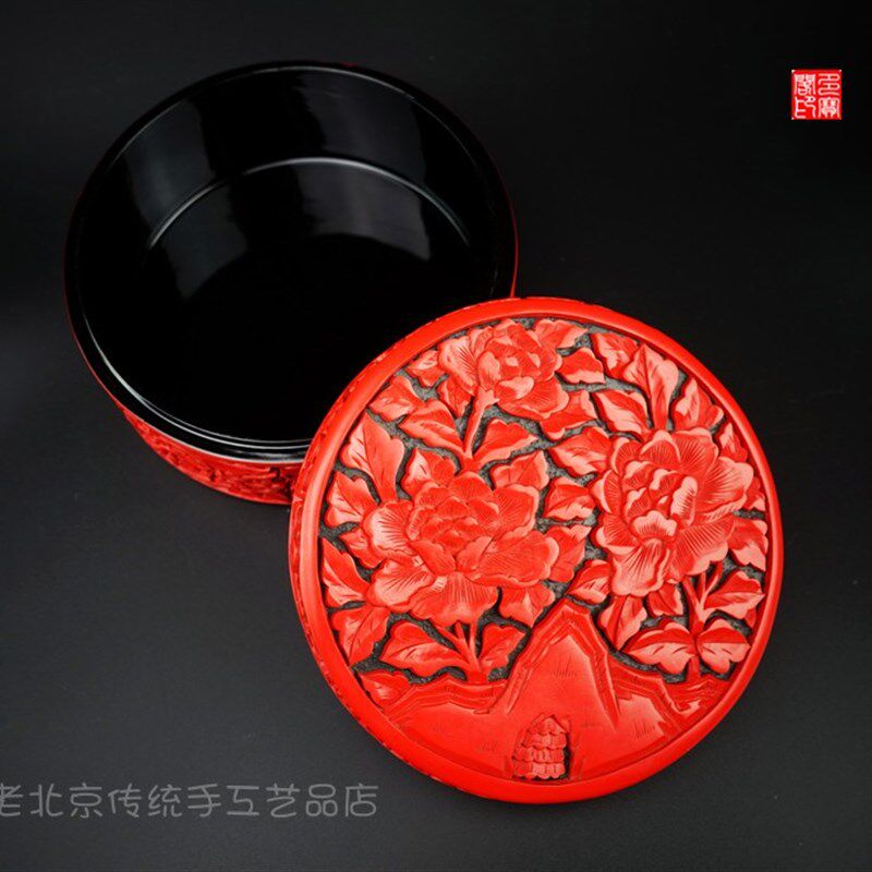 出国特色礼品创汇非遗老货天然大漆漆器剔红纯手工老雕漆捧盒摆件