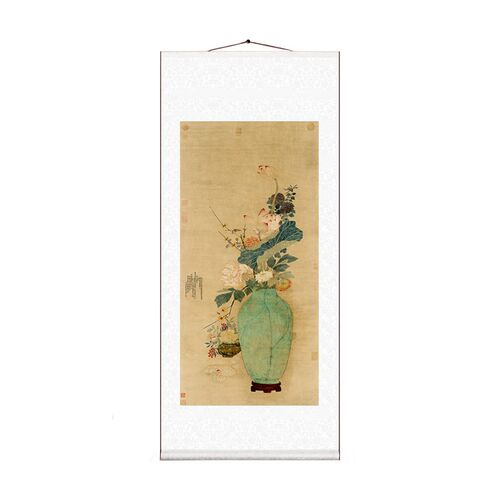 清永瑢岁朝清供图花瓶工笔花鸟画卷轴字画客厅玄关装饰画复古挂画