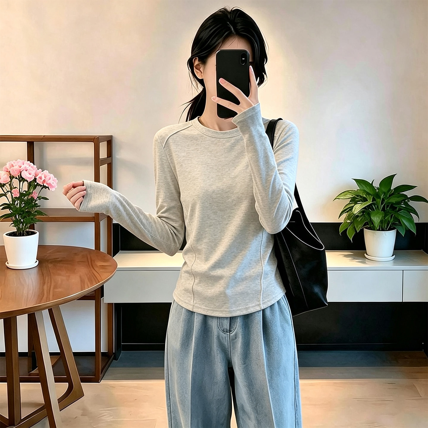 灰色鱼骨线长袖t恤女正肩2026年早秋基础款修身内搭打底衫上衣薄