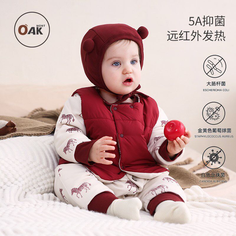 Oak mont宝宝满月马甲儿童秋冬外穿夹棉背心婴儿红色百天周岁服