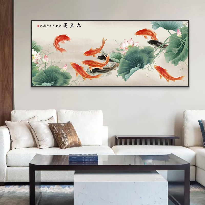 网红新中式鱼图装饰画大画客厅沙发背景墙壁画餐厅年年有余横幅挂