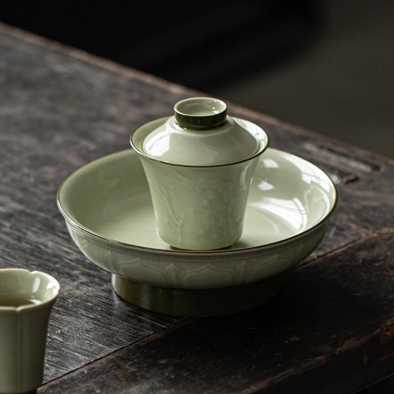 草木祠  知青釉手工浮雕梅花盖碗泡茶碗大茶杯不烫手悬停二才盖碗