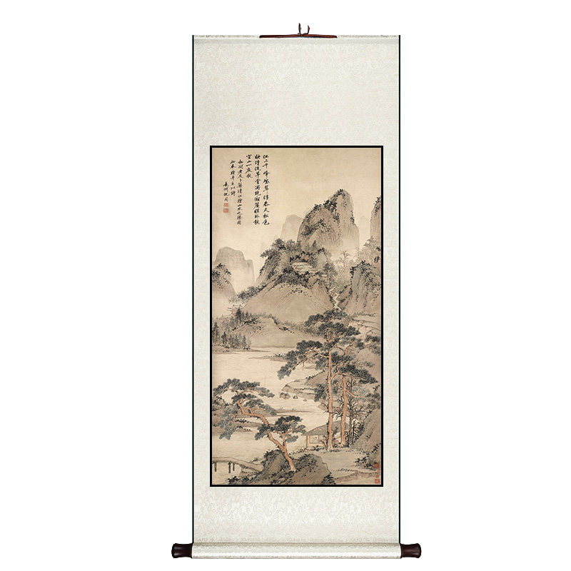 沈周山水画中式卷轴挂画竖版玄关走廊过道装饰画客餐厅书房墙壁画