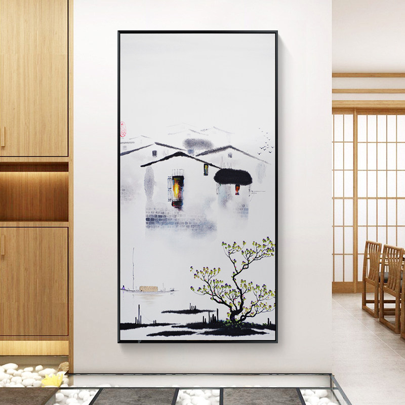 新中式玄关装饰画入户走廊过道挂画中国风江南山水风景画水墨壁画