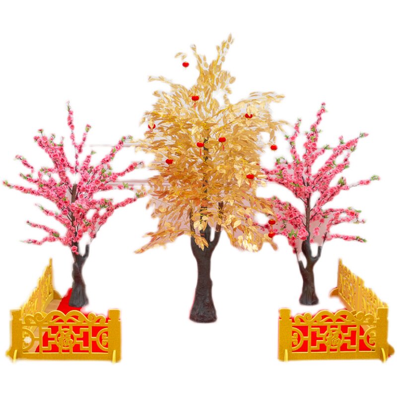 2021新年桃花树摆件发财树场景酒店商场美陈布置春节金色树装饰品