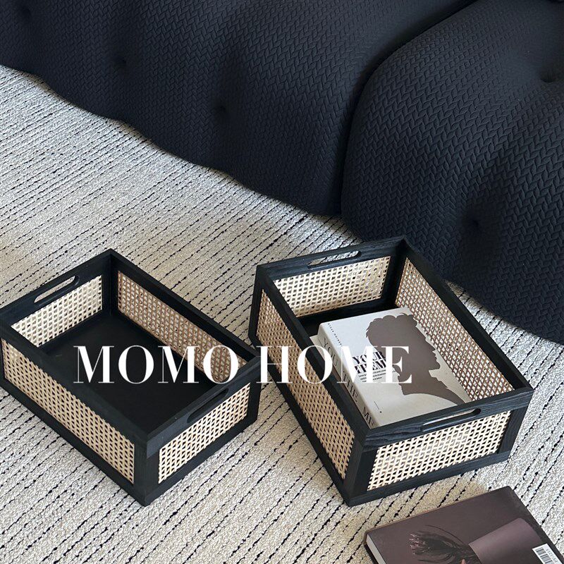 MOMO HOME家居日式实木收纳筐黑色方形收纳盒家居收纳