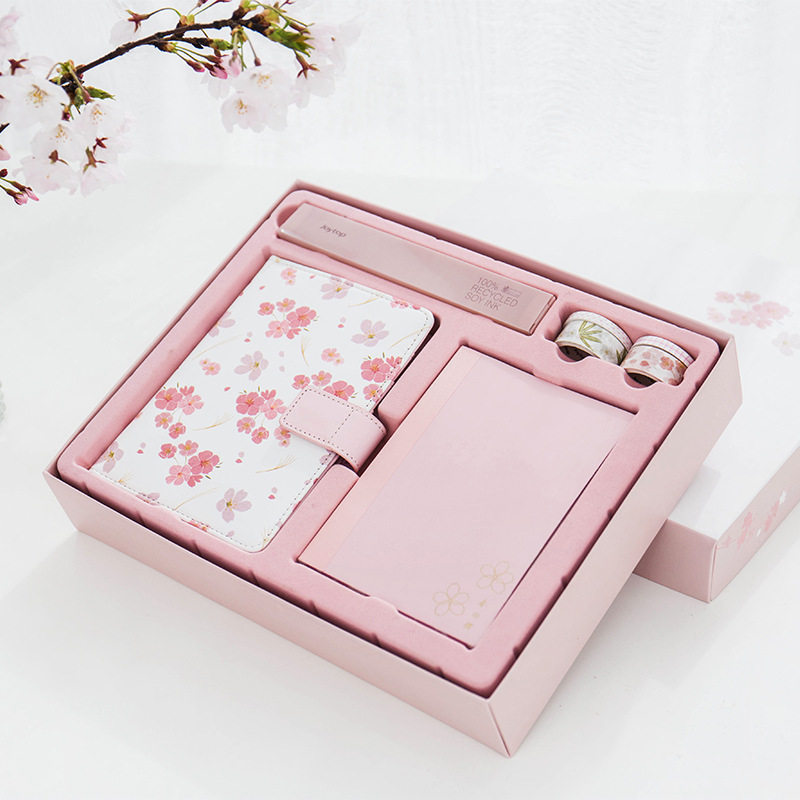 创意记事本樱花皮面本套装可爱少女心礼盒粉色手帐笔记手账本文具