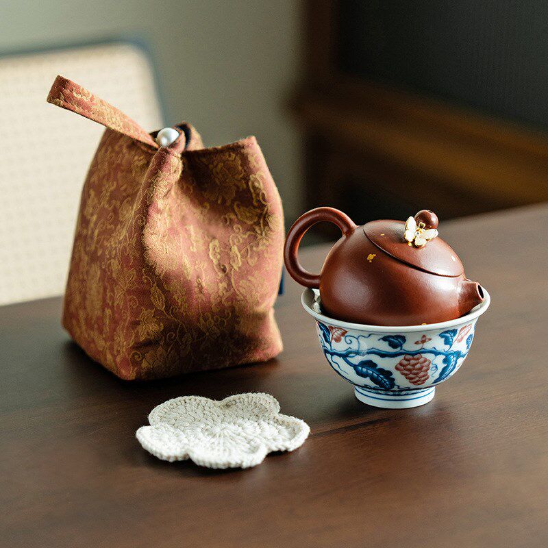 紫砂手工旅行茶具 洒金一壶一杯个人便携茶具组 西施壶旅行茶具组