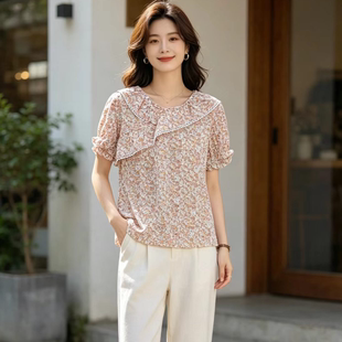 101B2030 拉夏家 夏季法式时尚减龄百搭碎花短袖衬衫女款上衣