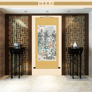 竹林七贤图 古代文人琴棋书画饮酒赋诗图卷轴挂画 复古书房装饰画