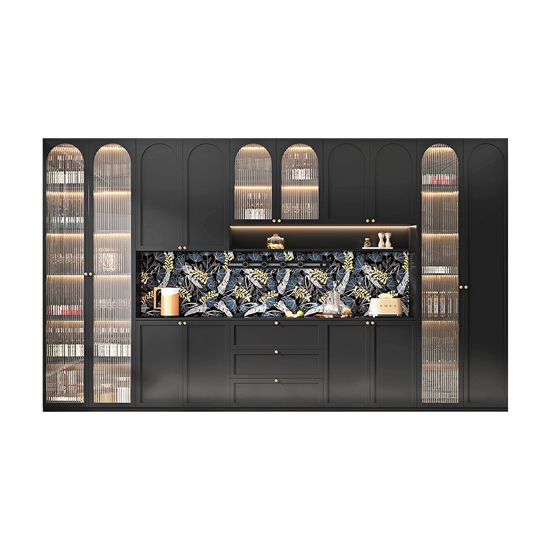 美式餐边柜高柜一体靠墙客厅装饰柜轻奢复古黑色成品酒柜法式储物