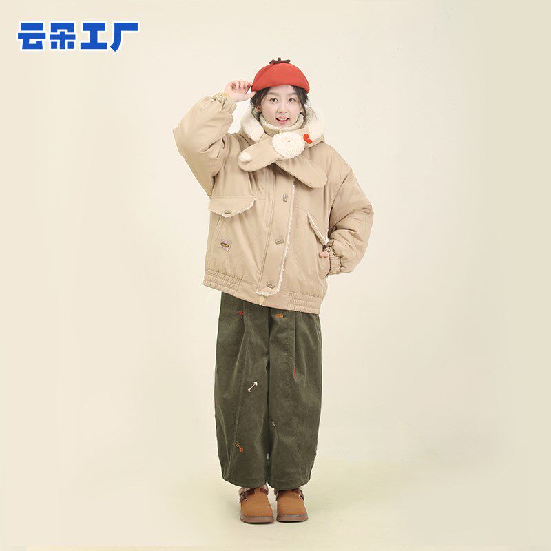 云朵工厂小雪人兔子造型围巾棉服秋冬季保暖棉衣女款外套自带围巾