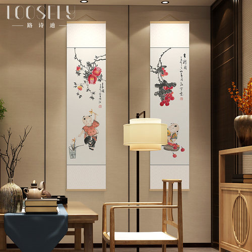 中式花鸟餐厅书房卷轴画茶室玄关竹帘画客厅沙发背景墙装饰画四联