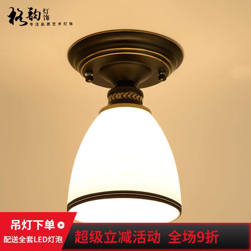 美式乡村吸顶灯阳台过道玄关灯具圆形简约卧室玻璃灯罩吸顶灯饰