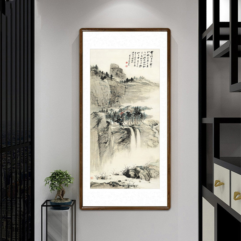 张大千山水国画新中式客厅墙壁装饰画办公室书房竖版挂画名人字画