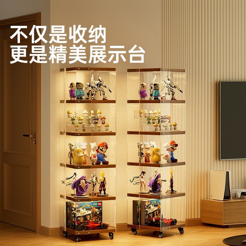 家用展示柜带锁带灯旋转透明压克力防尘收纳模型潮玩模型展示柜子