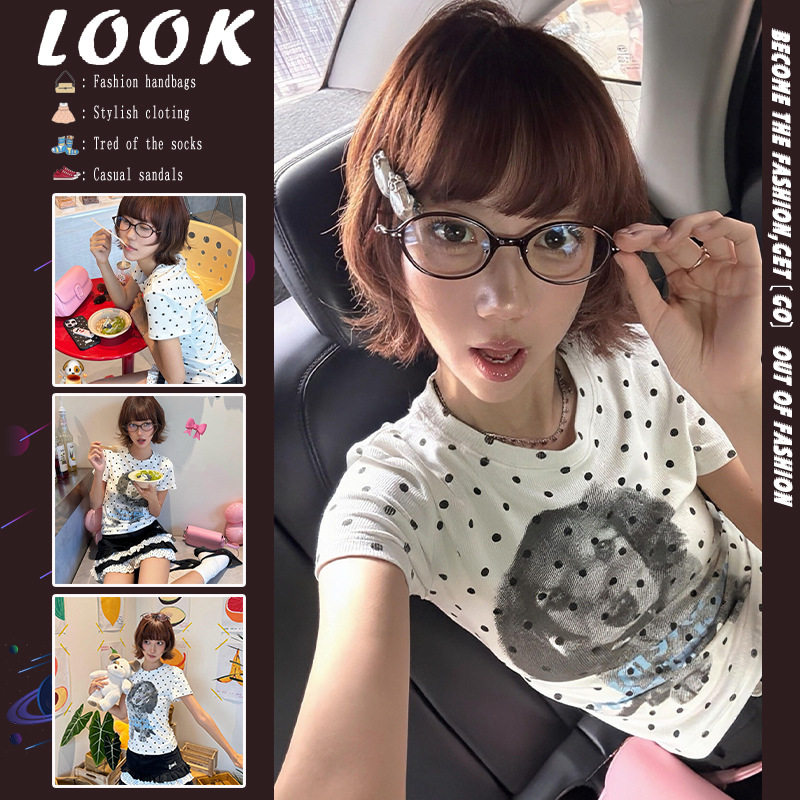 夏季新款甜酷风正肩短款T恤女小狗波点印花纯欲风辣妹短袖上衣ins