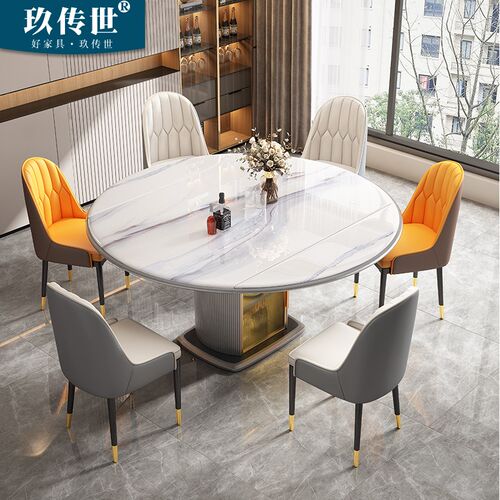 伸缩微晶石大理石储物餐桌椅组A合全实木可变圆桌超晶石家用饭桌