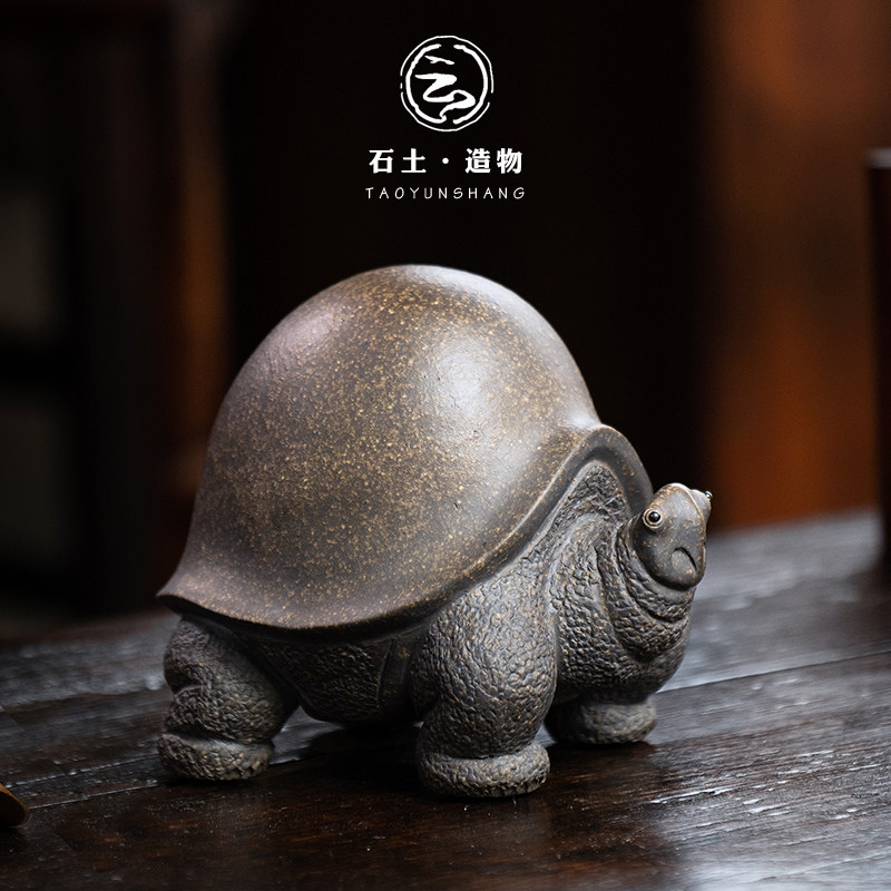 宜兴紫砂古铜泥将军龟茶宠手工可养茶玩大号招财茶U道茶具摆件送