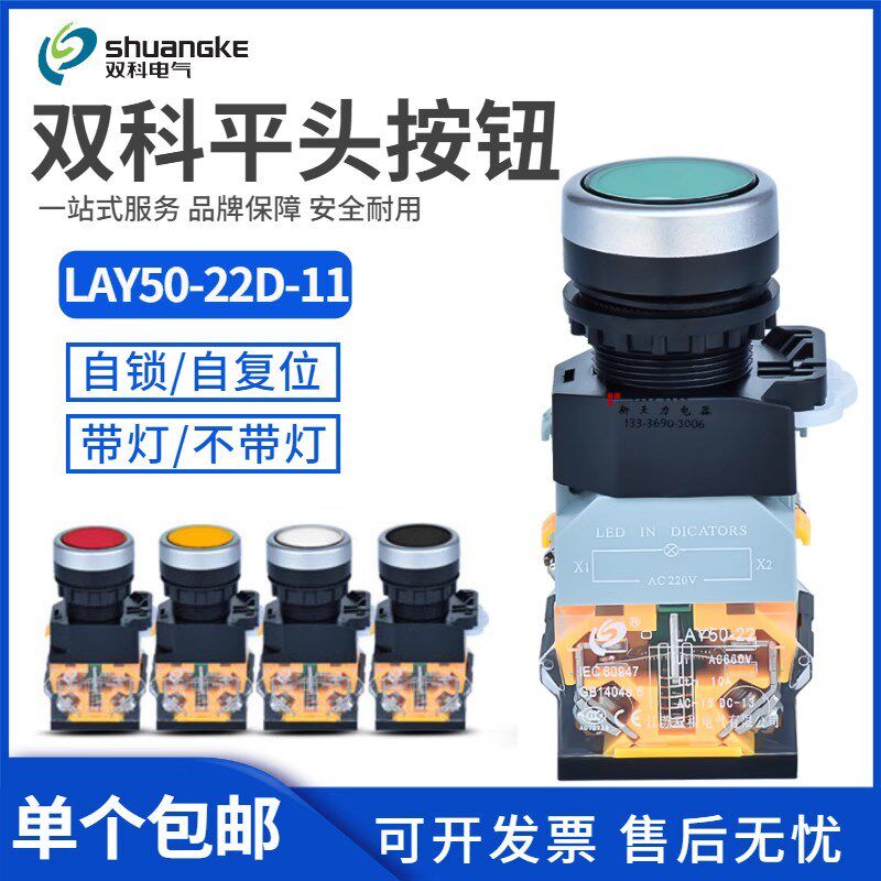 双科启动平头按钮LAY50-22D-11/TD点动复位开关带灯自锁220V/24V