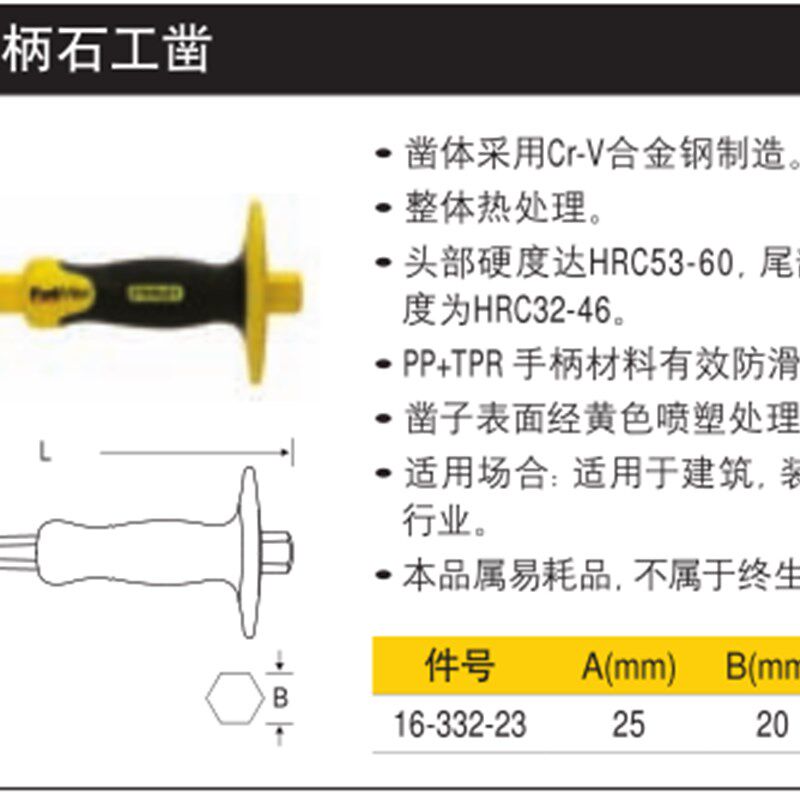 史丹利工具 FatMax 胶柄石工凿扁凿冷凿16-332-23水泥冰钎平头凿