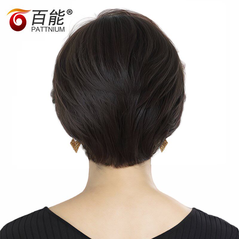 真人发丝假发套短发女直发 全手织中老年假发 女士逼真妈妈头套
