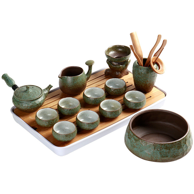 中式粗陶功夫茶具套装家用办公客厅整套茶盘陶瓷茶杯复古茶壶套装