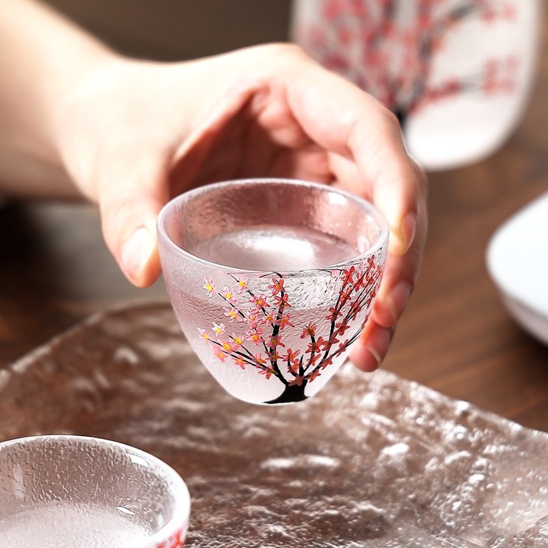 高档复古手绘樱花玻璃酒具组套白酒杯子家用小号一两烈酒杯清酒具