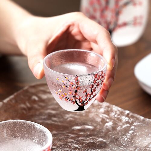 高档复古手绘樱花玻璃酒具组套白酒杯子家用小号一两烈酒杯清酒具