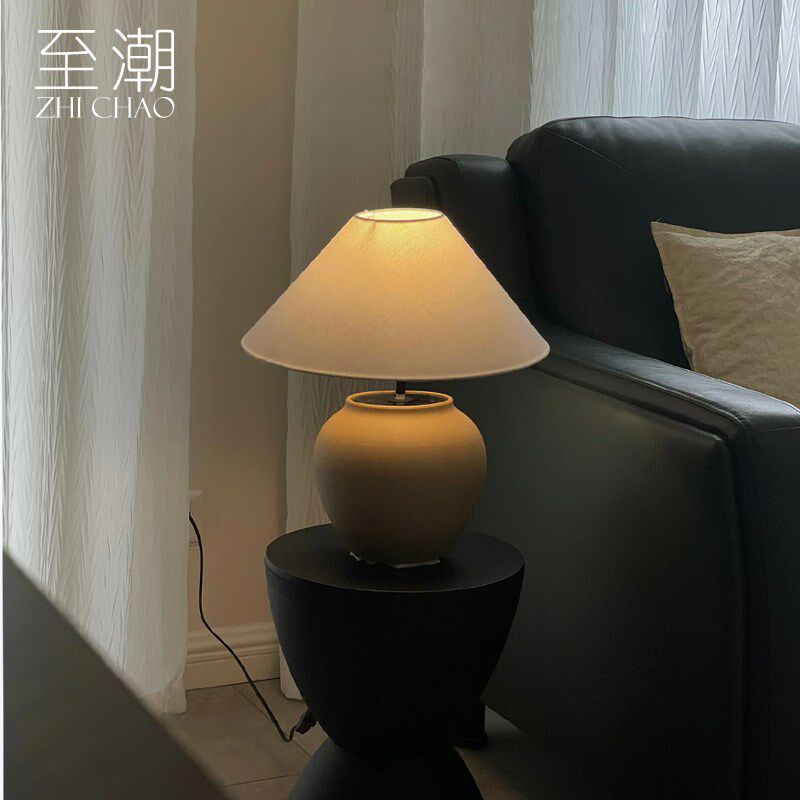 侘寂风床头台灯手工陶罐摆件日式复古客厅卧室民宿酒店怀旧中古灯