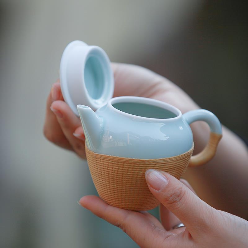 刘氏竹编青瓷纯手工竹丝扣瓷小池荷尖一壶两杯带茶盘茶具伴手礼品