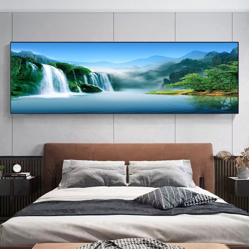 山水风景客厅沙发背景墙装饰画卧室床头挂画横版单幅流水生财壁画