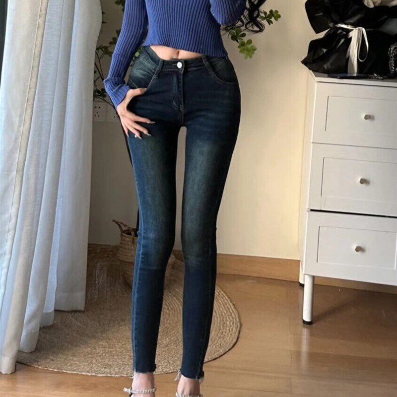 韩国东大门细腰丰跨中腰覆古深蓝小脚裤修身显瘦百搭铅笔九分裤女